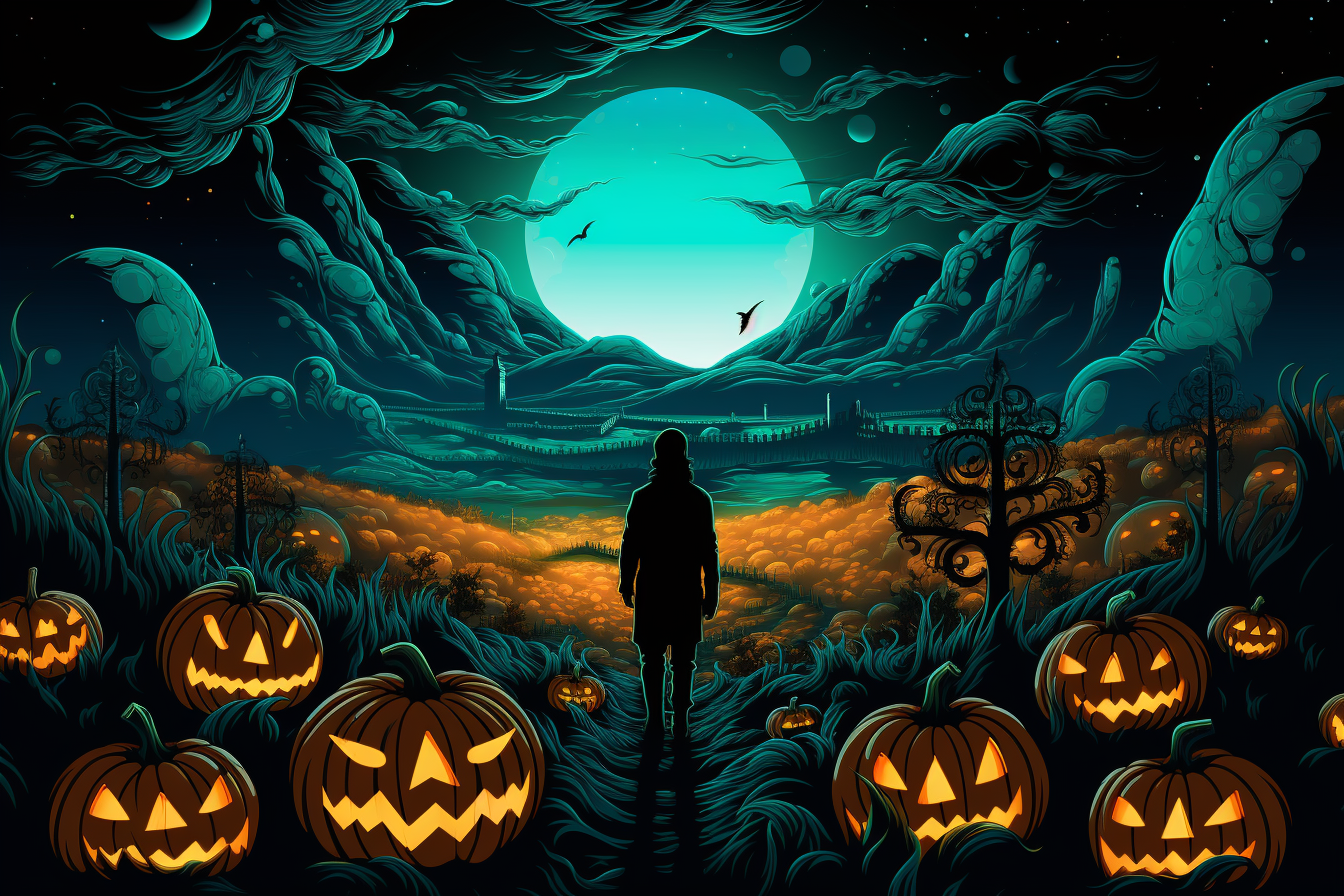 vector artwork of a haunted pumpkin patch with an ominous shadowy figure that might be the far out farmgirl