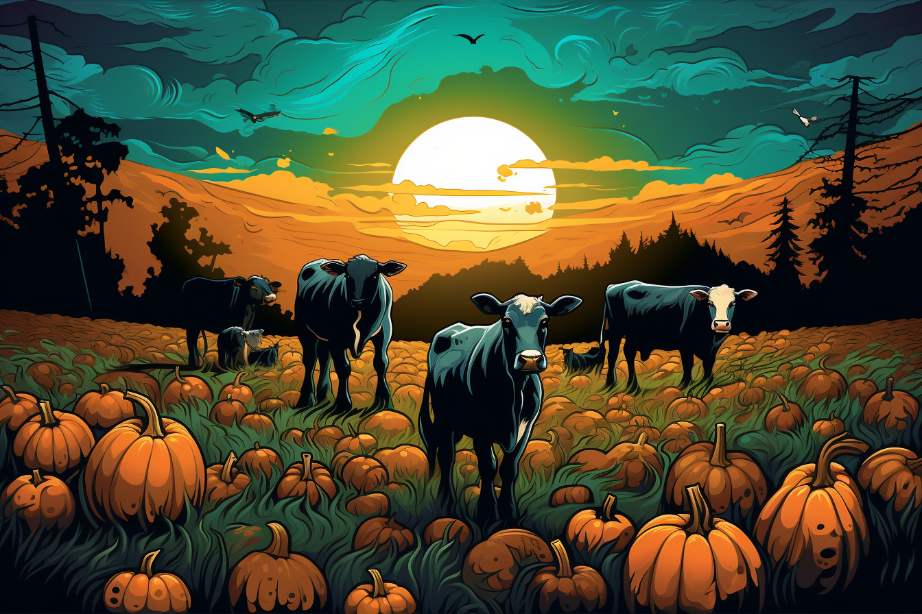 vector artwork of a pumpkin patch with cows at sunset
