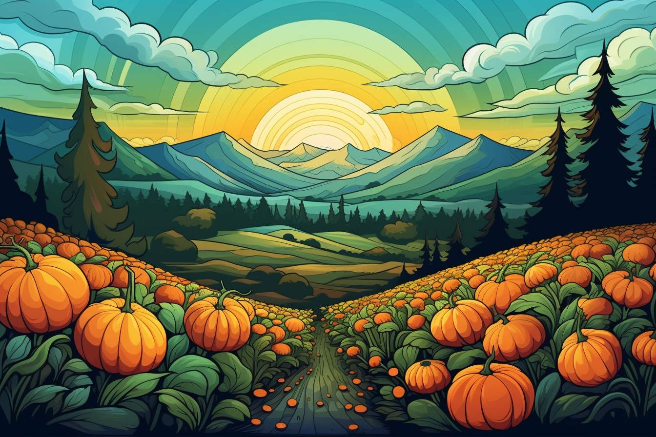 vector artwork of a pumpkin patch under a teal sky with rolling hills and mountains covered in redwoods in the background in the style of psychedelic art combined with art nouveau, blue green and gold color scheme