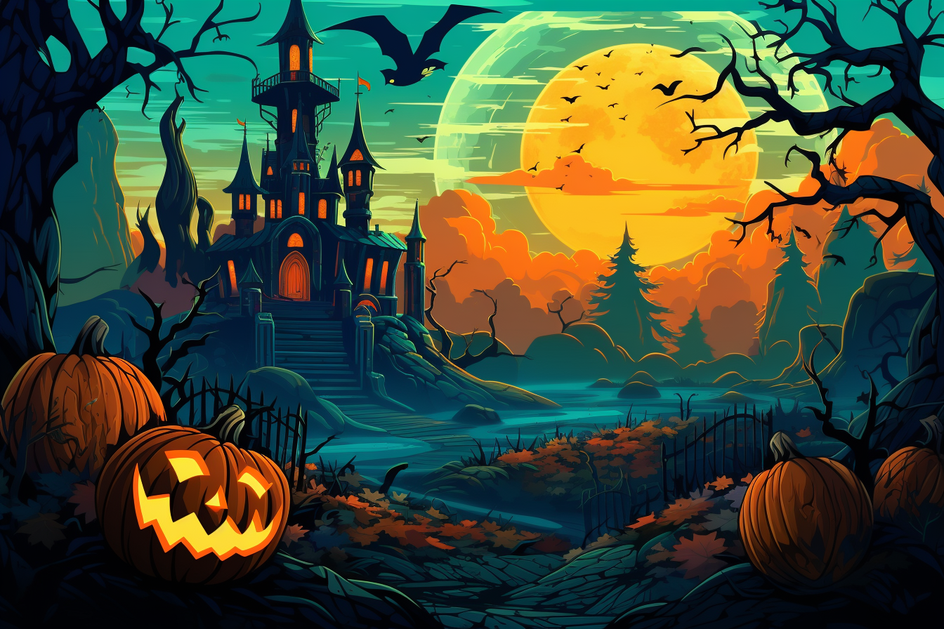vector artwork of an enchanted castle in a pumkin patch at sunset