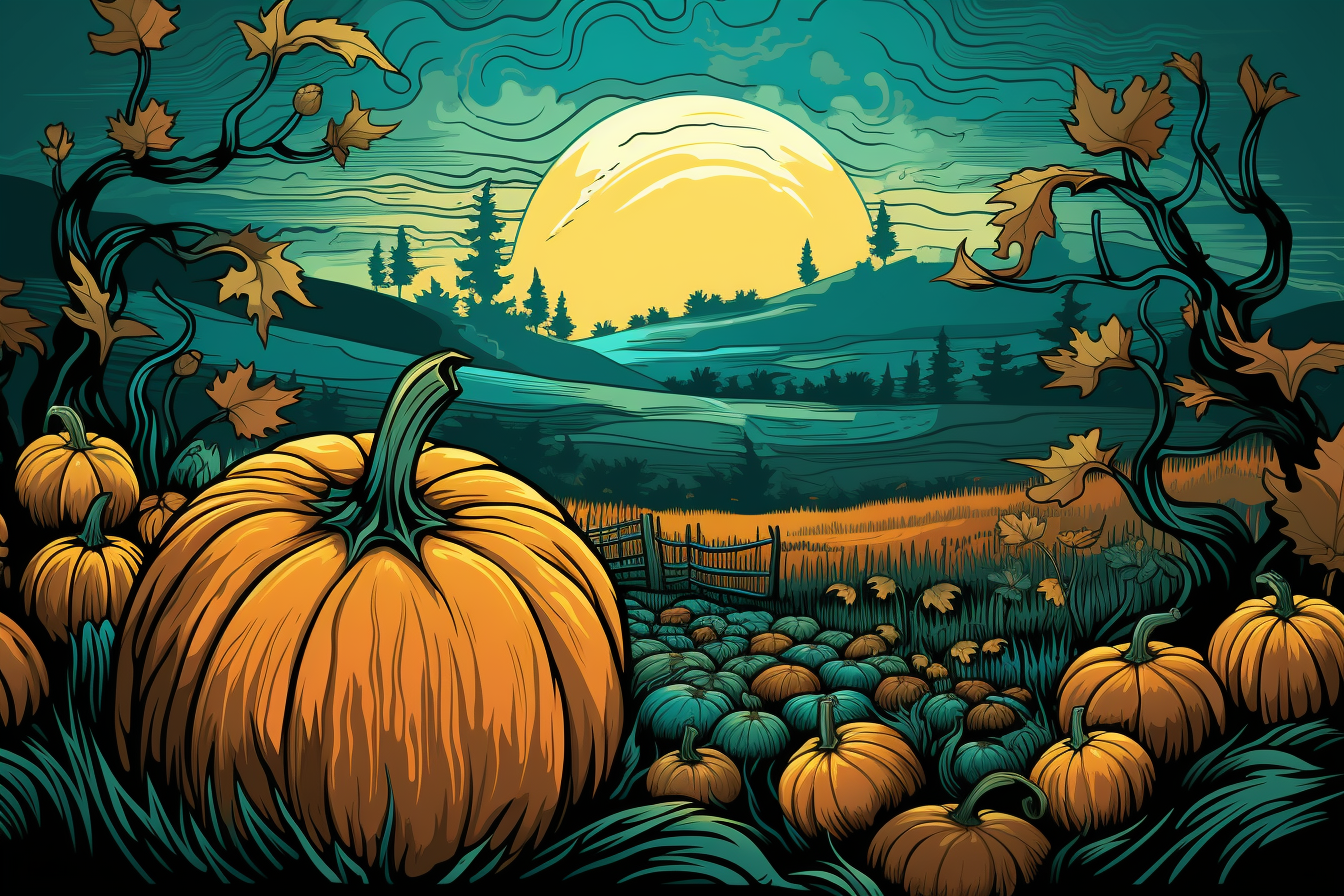 vector artwork of a spooky pumpkin patch at dusk